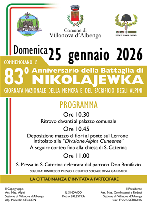 83° anniversario della Battaglia di Nikolajewka - Giornata nazionale della memoria e del sacrificio degli Alpini
Domenica 25 gennaio 2026