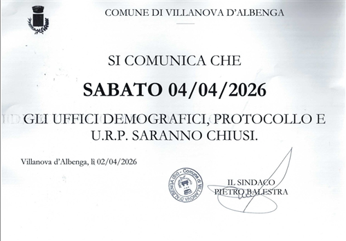 Avviso chiusura uffici demografici - protocollo e U.R.P. per il giorno Sabato 4 Aprile 2026