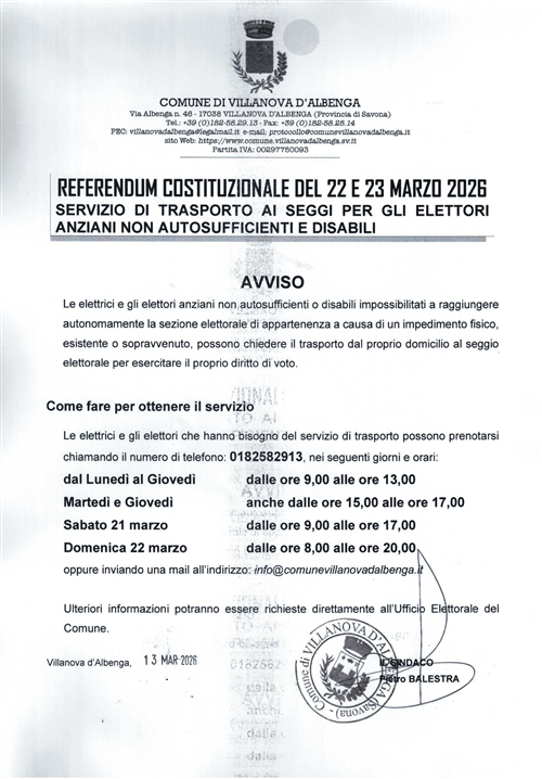 Referendum Costituzionale di domenica 22 e lunedì 23 marzo 2026 - Servizio di trasporto ai seggi per gli elettori anziani non autosufficienti e disabili
